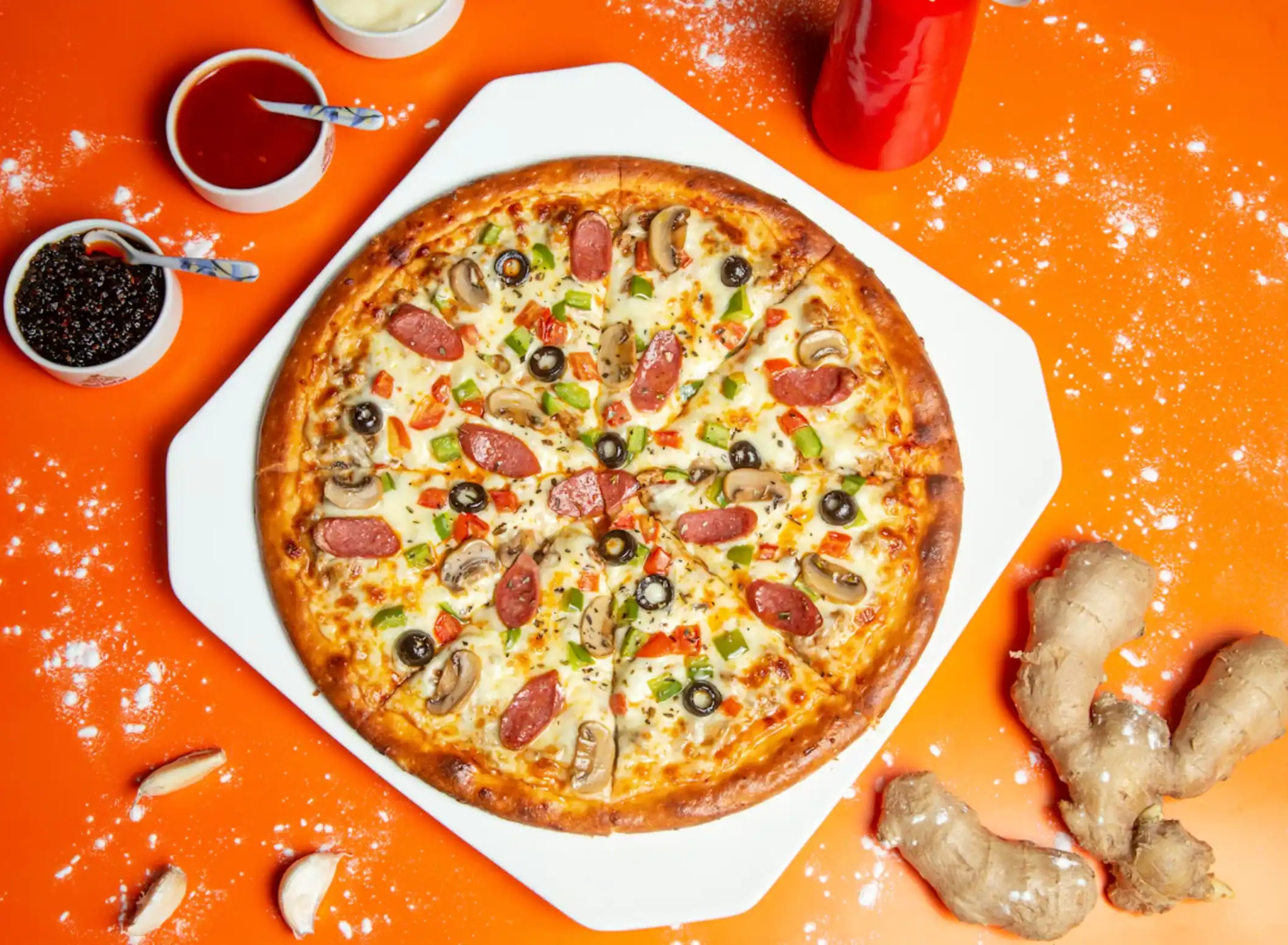 A loaded pizza with sausage, mushroom, olives and peppers, shot from above on a bright orange surface
